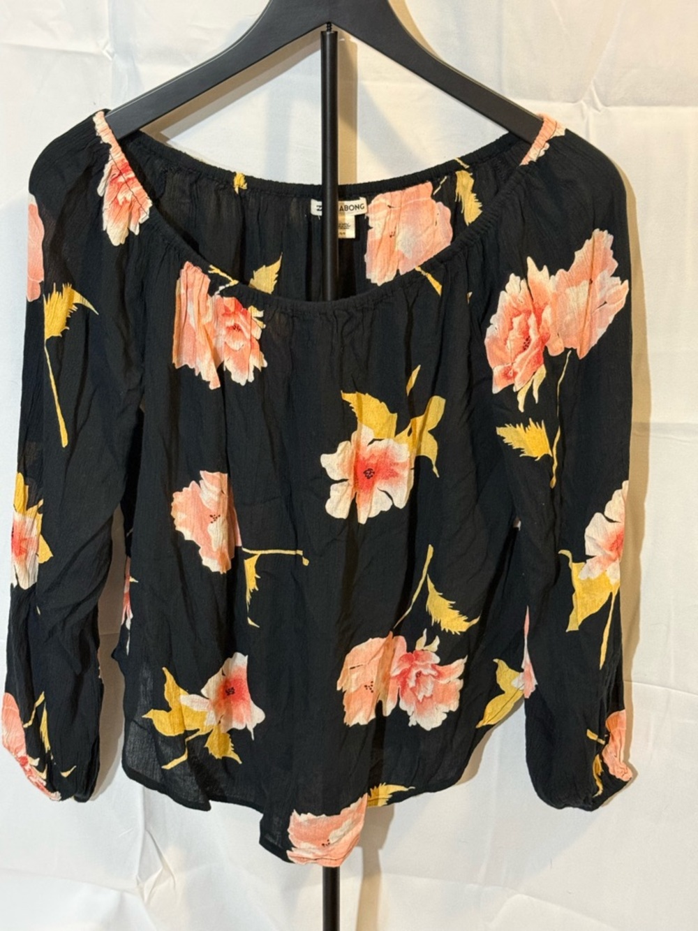 Billabong Black Floral Off-Shoulder Blouse with Peach & Yellow Blooms